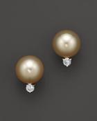 Diamond And Golden South Sea Pearl Earrings In 14k Yellow Gold, 10mm