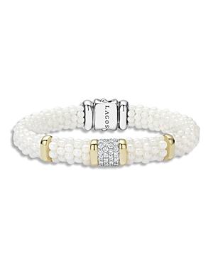Lagos White Caviar Ceramic, 18k Yellow Gold And Sterling Silver Square Station Bracelet With Diamonds
