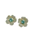 Nicola Bathie London Pave & Blue Square Cubic Zirconia Flower Button Earrings In 14k Gold Plated