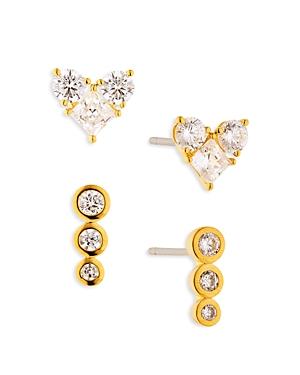 Nadri Golden Cubic Zirconia Heart & Triple Stone Stud Earrings, Set Of 2