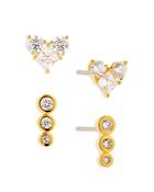 Nadri Golden Cubic Zirconia Heart & Triple Stone Stud Earrings, Set Of 2