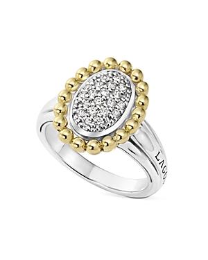 Lagos Sterling Silver And 18k Gold Oval Diamond Ring With Caviar Beading