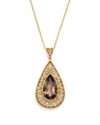 Smoky Quartz Teardrop And Diamond Pendant Necklace In 14k Yellow Gold, 18