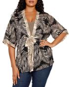 Belldini Plus Palm Print Kimono Sleeve Cardigan