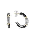 Lagos Black Caviar Ceramic 18k Gold And Sterling Silver 3 Station Hoop Earrings With Diamonds