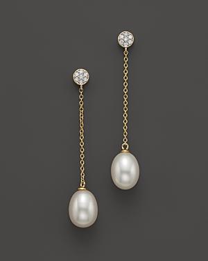 Cultured Freshwater Pearl And Diamond Earrings In 14k Yellow Gold, 8.5mm