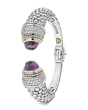 Lagos Sterling Silver & 18k Yellow Gold Caviar Color Cuff With Diamonds & Amethyst