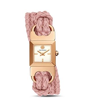 Tory Burch Double T-link Rose Gold-tone & Pink Leather Strap Watch, 18mm X 18mm