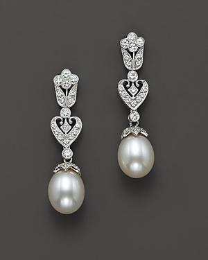 Cultured Freshwater Pearl Earrings With Diamonds In 14 Kt.white Gold, 8 Mm