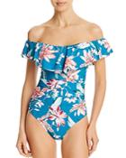 La Blanca Printed Ruffled Off-the-shoulder One Piece Swimsuit