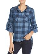 Billy T Tiered Bell Sleeve Mixed Plaid Shirt