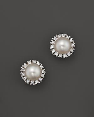 Cultured Freshwater Pearl And Diamond Earrings In 14k Yellow Gold