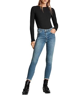 Allsaints Miller Push Up Frayed Skinny Jeans In Mid Indigo