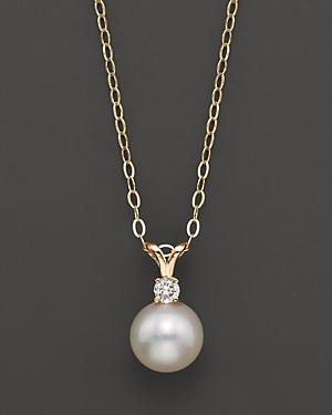 Cultured Freshwater Pearl And Diamond Pendant Necklace In 14k Yellow Gold, 16