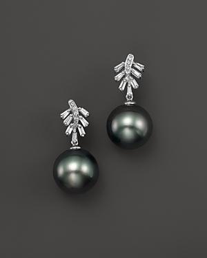 Cultured Tahitian Pearl Drop Earrings With Baguettes And Diamonds In 14k White Gold, 11mm
