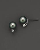 Tahitian Black Pearl Stud Earrings With Diamonds, 9-10 Mm