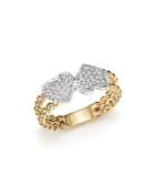 Diamond Pave Double Heart Beaded Ring In 14k White And Yellow Gold, .15 Ct. T.w.