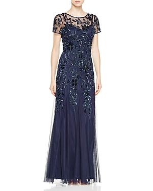 Adrianna Papell Short Sleeve Floral Beaded Gown