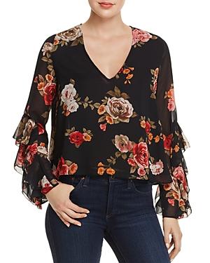 Olivaceous Ruffle-sleeve Floral Print Top