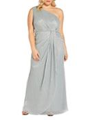 Adrianna Papell Plus Stardust Pleated Drape One Shoulder Evening Gown