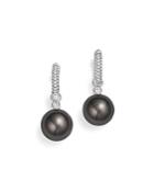 Tara Pearls 18k White Gold Cultured Tahitian Black Pearl & Diamond Huggie Earrings