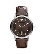 Emporio Armani Round Silver & Brown Watch With Crocodile Embossed Strap, 43mm
