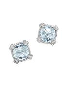 Judith Ripka Sterling Silver Cushion Stud Earrings With White Sapphire And Blue Topaz
