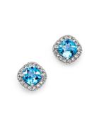 Blue Topaz Cushion Cut And Diamond Stud Earrings In 14k White Gold - 100% Exclusive