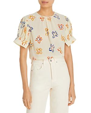 Rebecca Taylor Flame Fleur Silk Short Sleeve Top