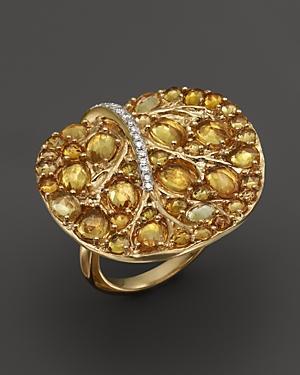 Michael Aram 18k Yellow Gold Large Botanical Leave Ring With Pave Yellow Sapphires And Diamonds