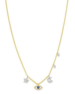 Meira T 14k White & Yellow Gold Blue Sapphire & Diamond Evil Eye, Star, Moon & Bezel Charm Necklace, 15.5-17.5
