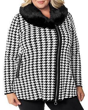 Belldini Plus Faux Fur Trim Houndstooth Cardigan