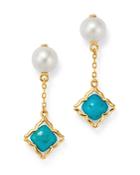 Bloomingdale's Freshwater Pearl & Turquoise Clover Drop Earrings In 14k Yellow Gold - 100% Exclusive