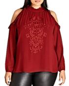City Chic Cold-shoulder Embroidered & Ruffled Top