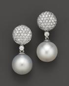 Cultured White South Sea Pearl And Diamond Drop Earrings In 14k White Gold, 11mm