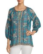 Johnny Was Sophia Embroidered Plaid Peasant Top
