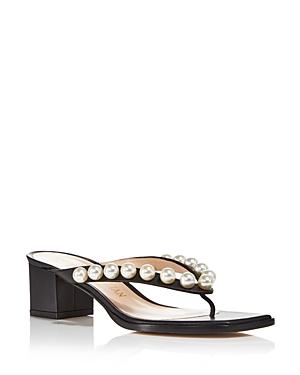 Stuart Weitzman Women's Goldie Square Toe Pearl Embellished Mid Heel Thong Sandals
