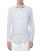 Eleventy Linen Awning Stripe Button Down Shirt