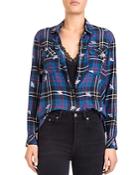 The Kooples Bee Blue Embroidered Plaid Shirt