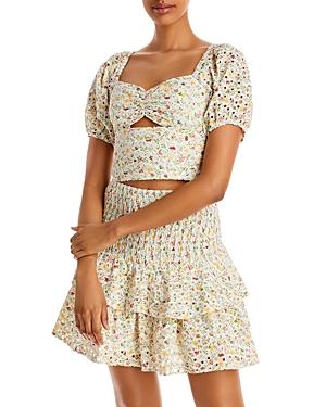 Lucy Paris Floral Puff Sleeve Cutout Crop Top