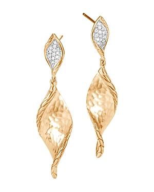 John Hardy 18k Yellow Gold Classic Chain Wave Hammered Pave Diamond Earrings