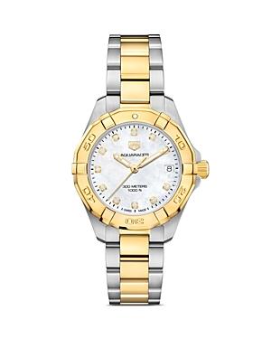 Tag Heuer Aquaracer Quartz Ladies' Mother Of Pearl Steel & 18k Yellow Gold Coating Watch, 32mm