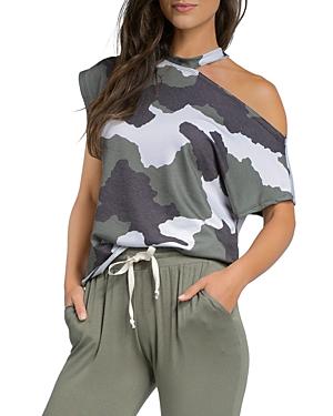 Elan Camouflage Print Cutout Top