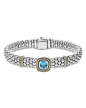 Lagos 18k Yellow Gold & Sterling Silver Caviar Color Blue Topaz Frame Bead Link Bracelet