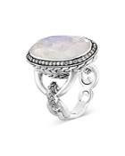 John Hardy Sterling Silver Classic Chain Oval Ring With Gray Diamonds & Rainbow Moonstone