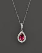 Rubellite And Diamond Teardrop Pendant Necklace In 14k White Gold, 18
