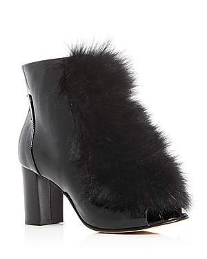 Pokemaoke Women's Patent Leather & Fox Fur Block Heel Booties