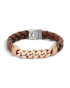 John Hardy Classic Chain Gourmette Bronze & Sterling Silver Bracelet On Braided Brown Leather Cord