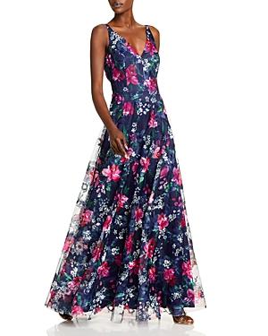 Eliza J Flowing Floral V Neck A Line Gown