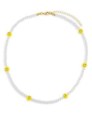Adinas Jewels Smiley Face & Faux Pearl Beaded Choker Necklace In Gold Tone, 14-17